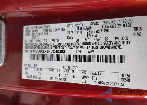 2015 Ford Escape Se z USA, uszkodzony, nr VIN 1FMCU0GX3FUC60393